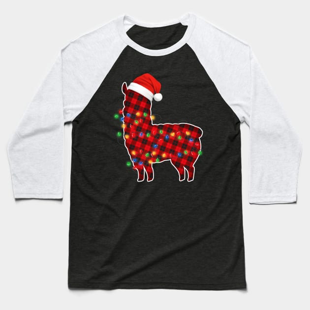 Llama Wearing Santa Hat Christmas Tree Lights and Red Buffalo Plaid Baseball T-Shirt by mittievance